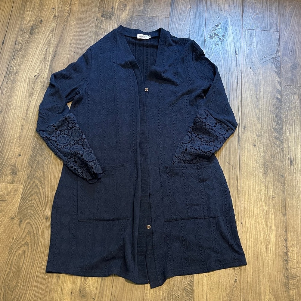 JoyJoy Navy Blue Crochet Lace Sleeve Cable Knit Longline Cardigan Sweater Medium